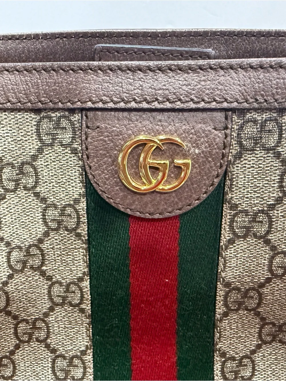 Gucci Ophedia Beige GG Supreme Canvas Tote with Brown Trim and Green-Red Web